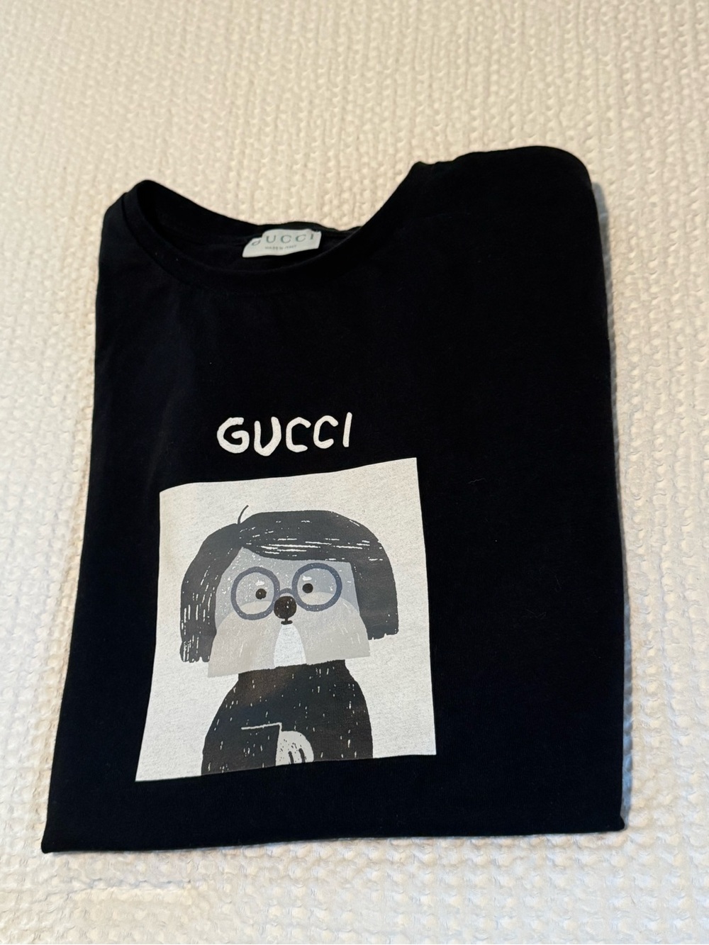 Gucci Woman Black Graphic Tee with Dog Illustration (rare)